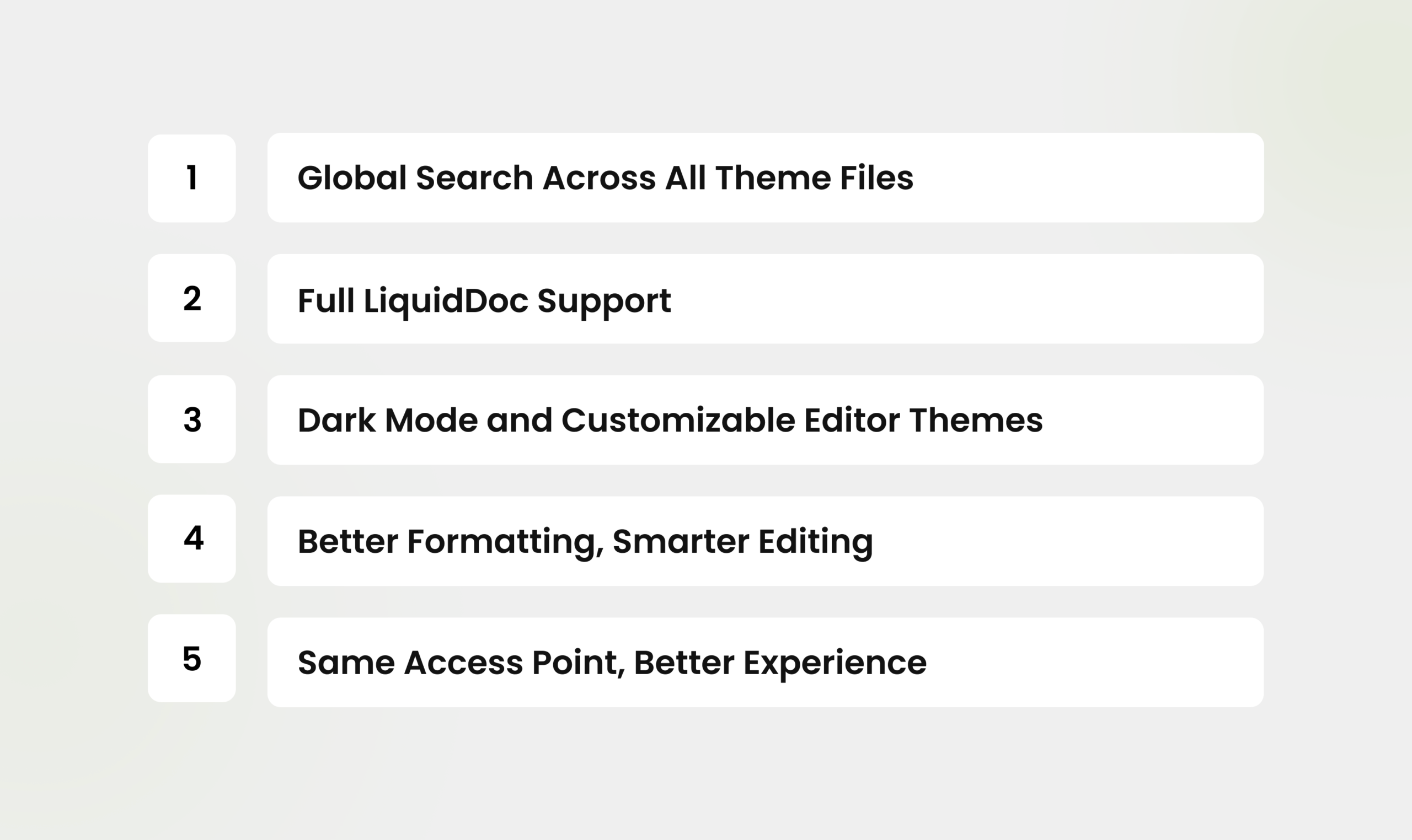 Key features of Shopify's new theme code editor including LiquidDoc support, dark mode, and smarter editing.