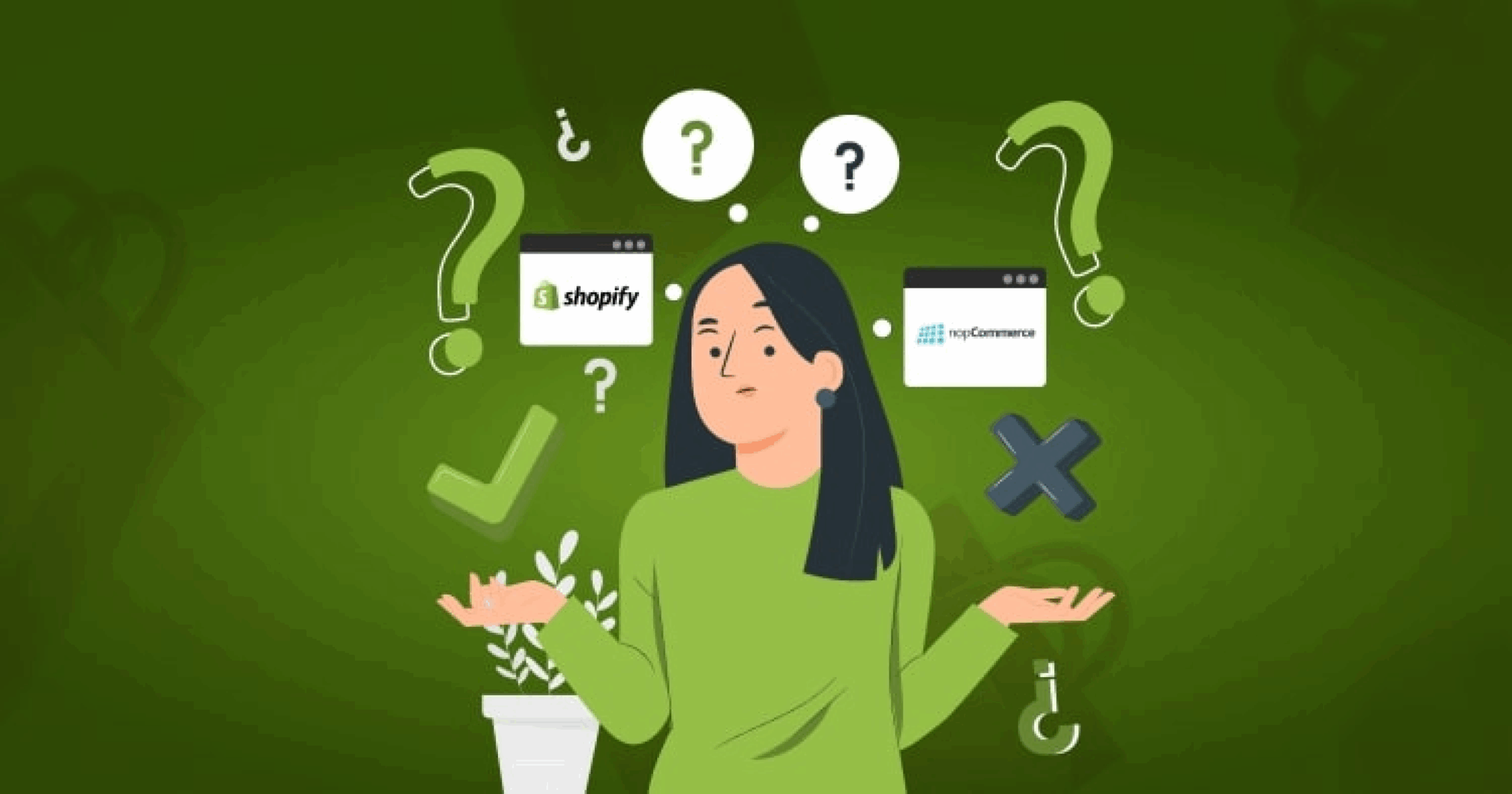 Illustration of a confused user comparing Shopify and WooCommerce to highlight why Shopify’s new editor is essential.