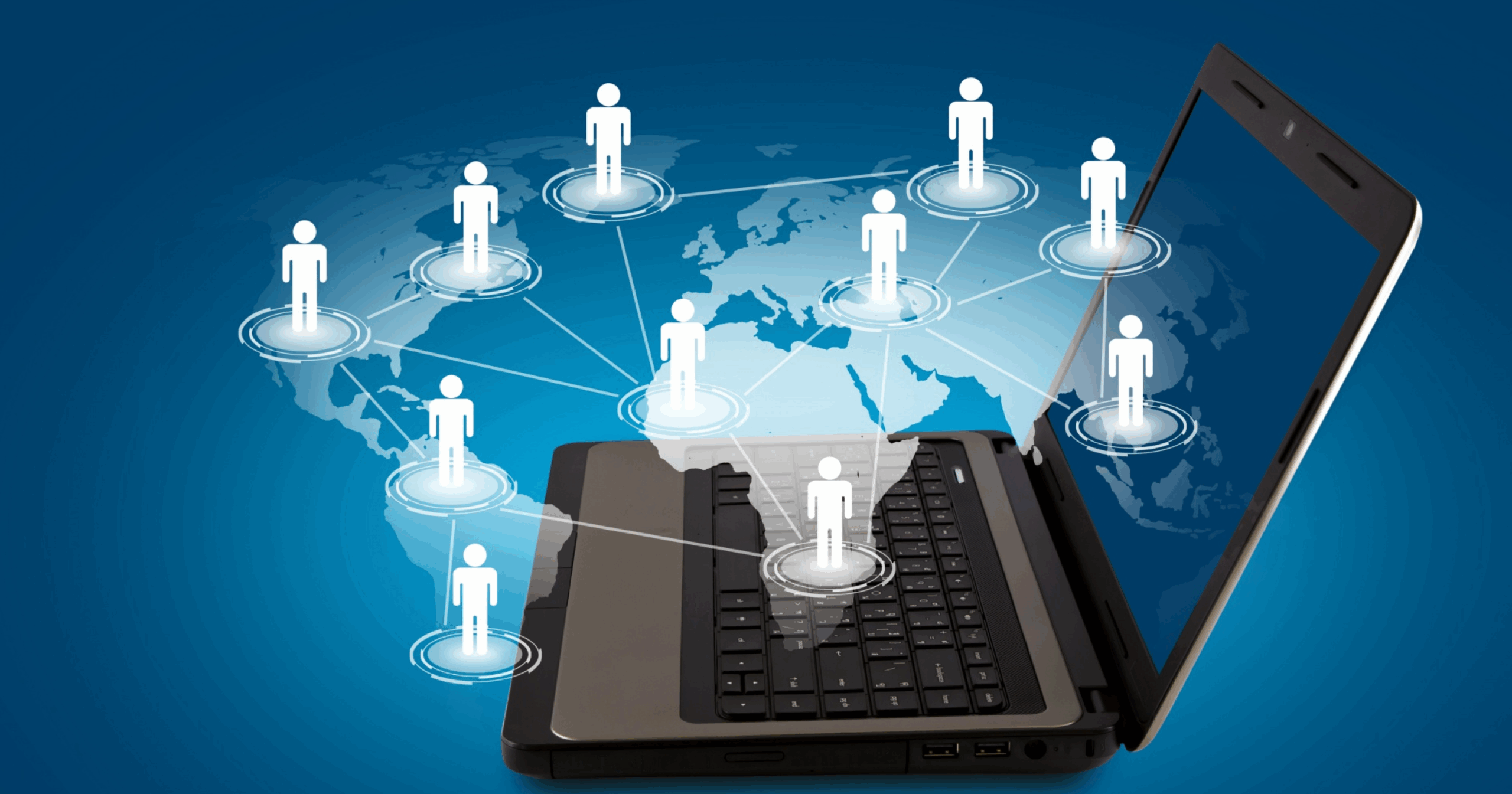 Illustration of global staff augmentation with remote developers connected through a laptop.